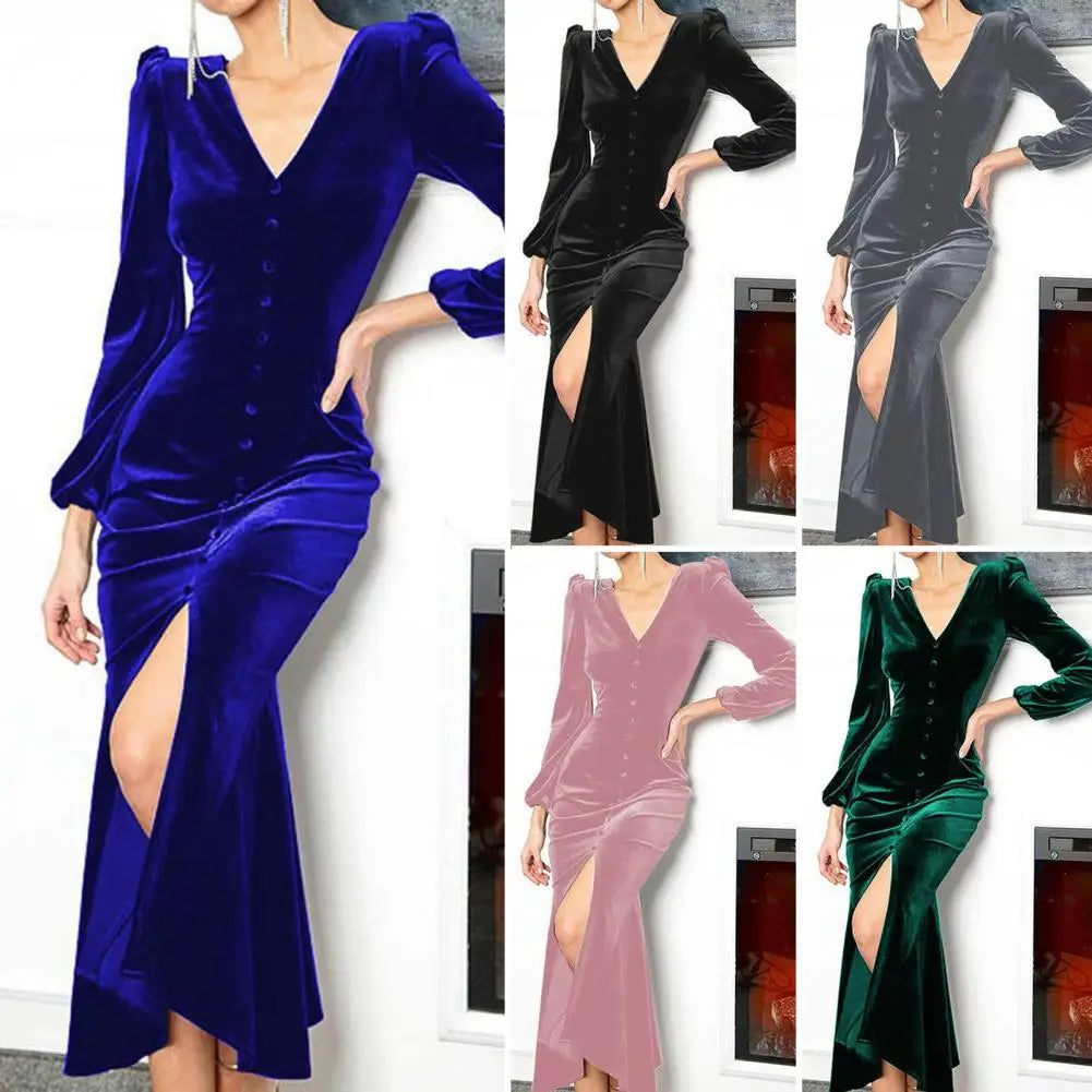 2023 Sexy Slim Velvet Party Long Dress Women Elegant Long Sleeve Korean Evening Party Dresses Front Slit Maxi Vestidos de Fiesta - Seprincess