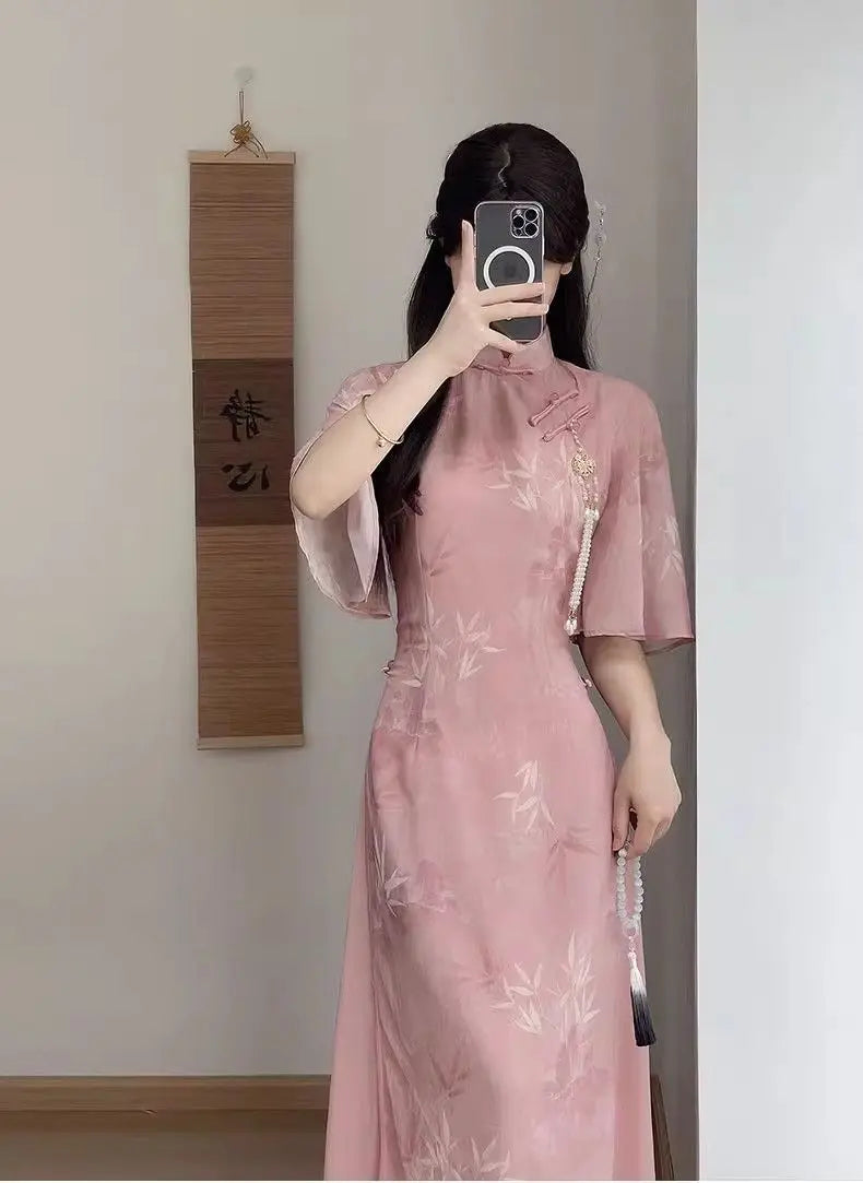 New Chinese Style Pink Qipao Dress 2024 Vintage Cheongsam Young Oriental Lady Evening Dress Summer Daily Vestido - Seprincess