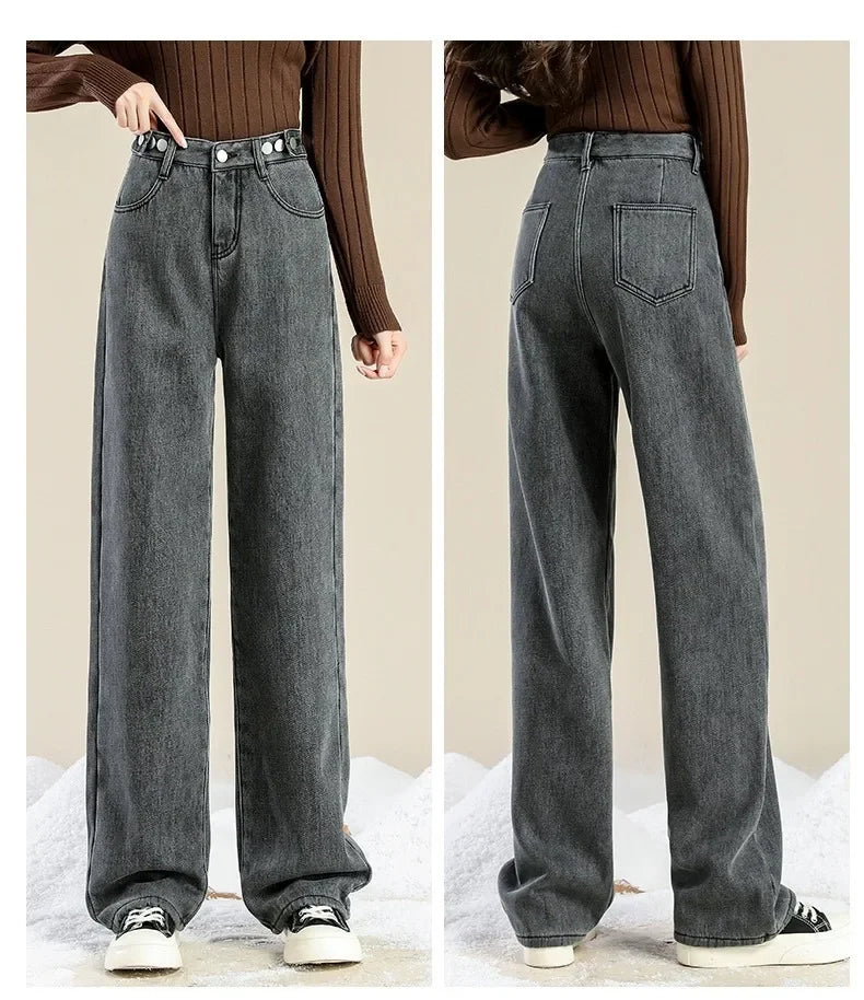 Autumn/winter Deep Color Wide-leg Fleece-lined Warm Jeans Women's Outerwear Slimming Loose-fit Straight-leg Model Pants