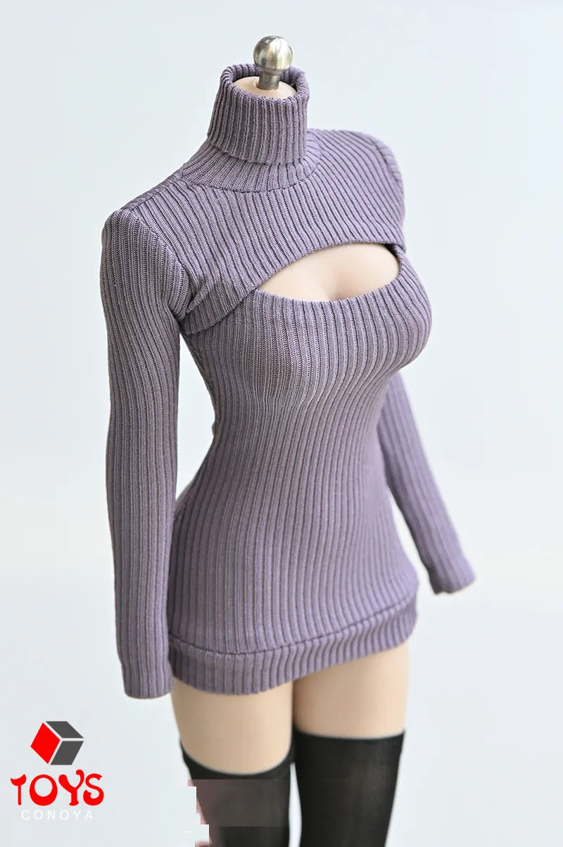 1/6 Scale Female Sweater Slim Elastic High Neck Knit Pullover Sexy Open Chest Tops Mini Sweater Dress for 12" Action Figure - Seprincess