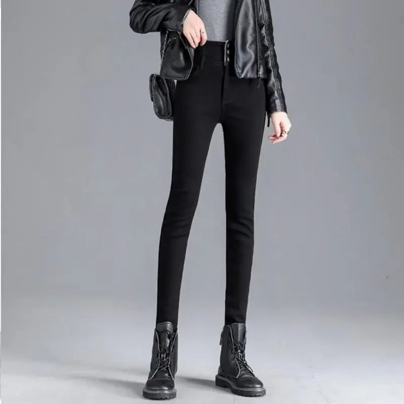 Thickened High-waisted Fleece-lined Jeans Women's Black Grey Slimming Winter 2021 New Style Tightening Integrated Velvet Pants