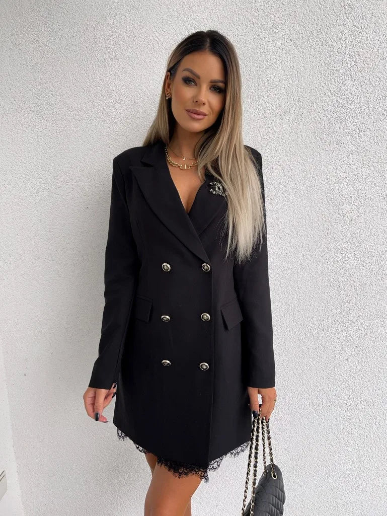 Office Lady Blazer Suit Dress Fashion Wrap V Neck Turndown Collar Sexy Mini Dress Women Long Sleeve Solid Blazer Party Dress - Seprincess