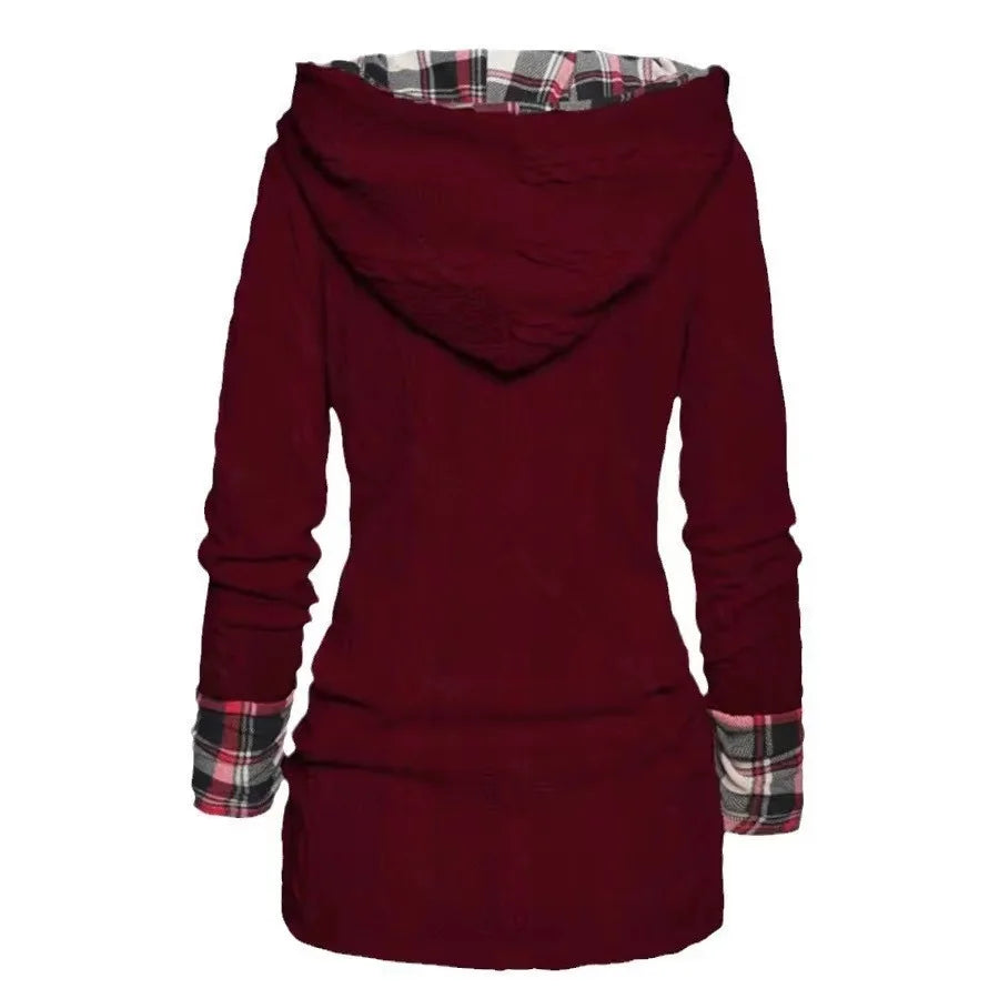 2024 Autumn Winter Chic Plaid Hooded Dress Women Knit Sweater Long Sleeve A Line Style With Trendy Splicing Perfect Casual Wear - Seprincess