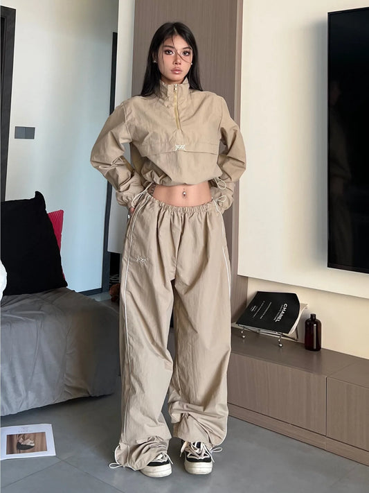 QWEEK Y2K Streetwear Khaki Pants Sets Women Gorpcore Vintage 90s Beige Tracksuit Oversized Kpop Fashion Harajuku Two Piece Set - Seprincess