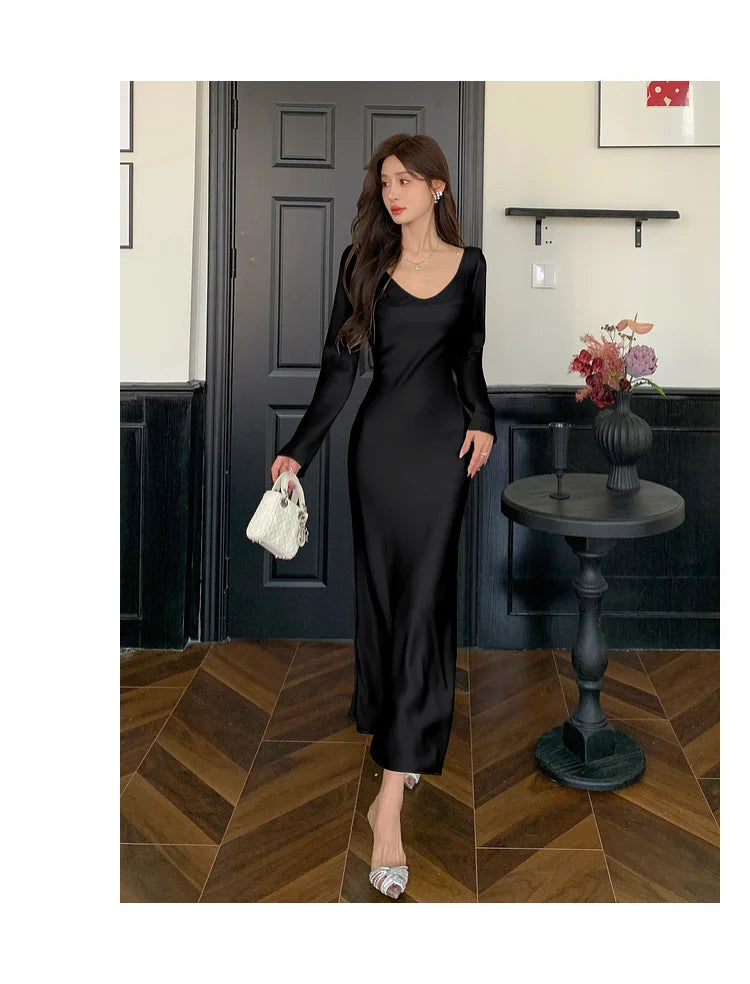 Autumn Solid Satin Long Dresses Women Wedding Evening Party Dress with Camisole Prom Robe V-Neck Long Sleeves Mermaid Vestidos - Seprincess