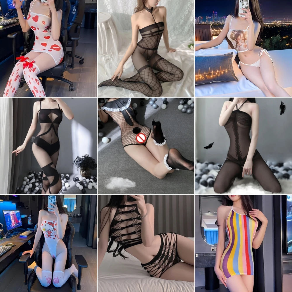 Free Stripping Sexy Fishnet Mesh Transparent Tearable Clothes Set Sex Clothes Dress Bodysuit Lingerie Exotic Uniform For Women