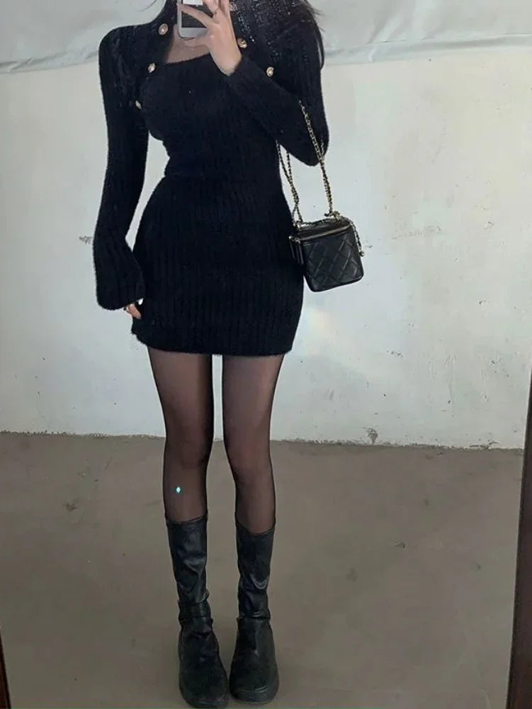 QWEEK Knit Knitted Balck Bodycon Mini Dress 2023 Autumn Winter Korean Fashion Kpop Long Sleeve Short Dresses Streetwear - Seprincess