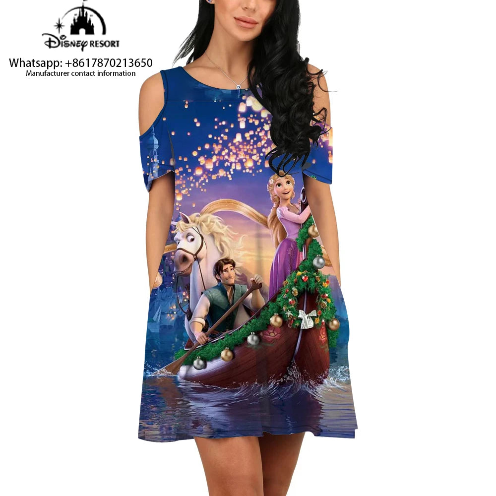 Round neck printed dress Frozen cartoon printed new casual off-shoulder dress female cartoon printed dress - Seprincess