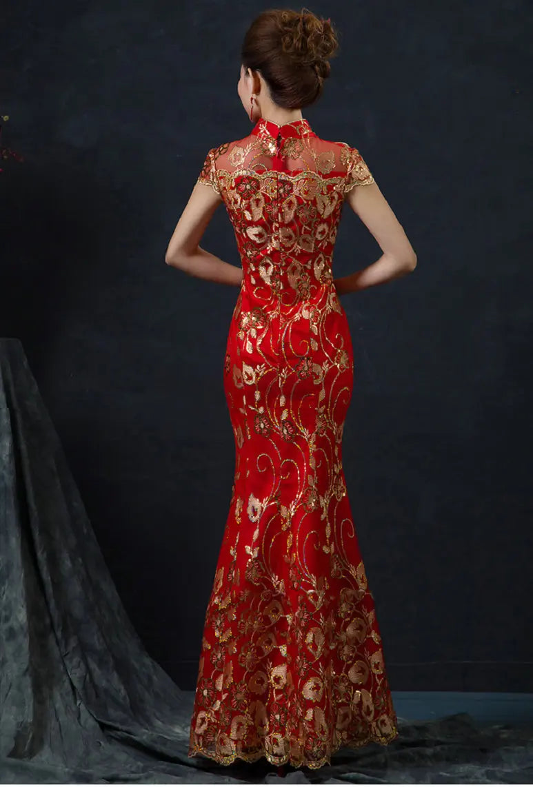 Red Chinese Wedding Dress Female Long Short Sleeve Cheongsam Gold Slim Chinese Traditional Dress Women Qipao for Wedding Party - Seprincess