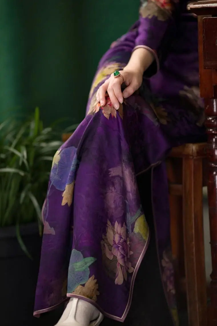 Spring Elegant Satin Stand Collar Purple Floral Printed Ball Gown Chinese Traditional Cheongsam Dress תחפושות לנשים לפורים 2023 - Seprincess