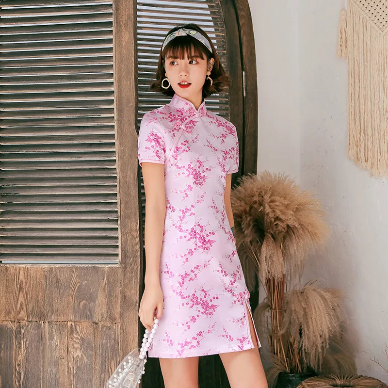 Front Fork Dragon&Phoenix Qipao Elegant Women Cheongsam Old Shanghai Mandarin Collar Sexy Short Chinese Dress Vestido - Seprincess