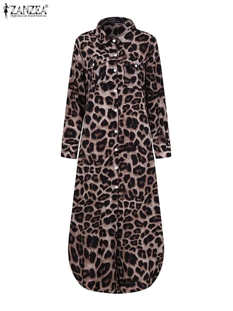 ZANZEA Women Leopard Print Dress Summer Autumn 2023 Half Sleeve Robe Split Sexy Long  Midi Shirt  Evening Dress Female Vestidos - Seprincess