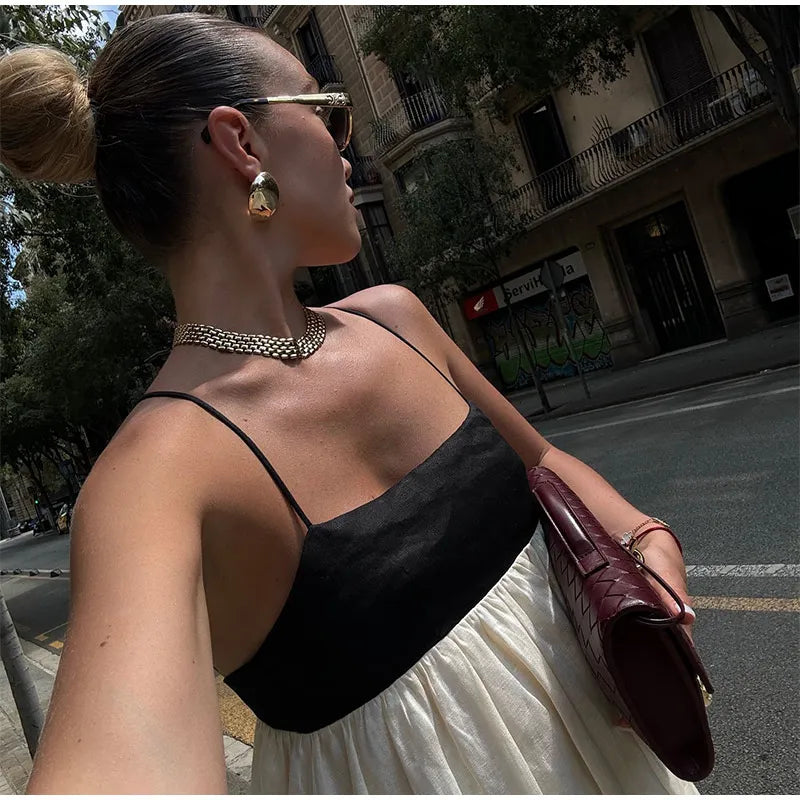 Contrast Splicing Loose Sling Long Dresses Women Square Collar Sleeveless Backless High Waist Dress 2024 Summer Lady Street Robe - Seprincess