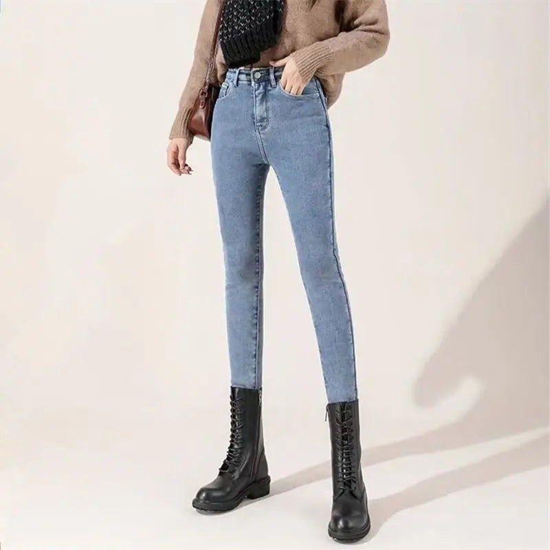 Autumn Winter New Fashion High Waist Button Solid Jeans Women's Clothing Pockets Thicken Casual Warm Simplicity Chic Pencil Pant