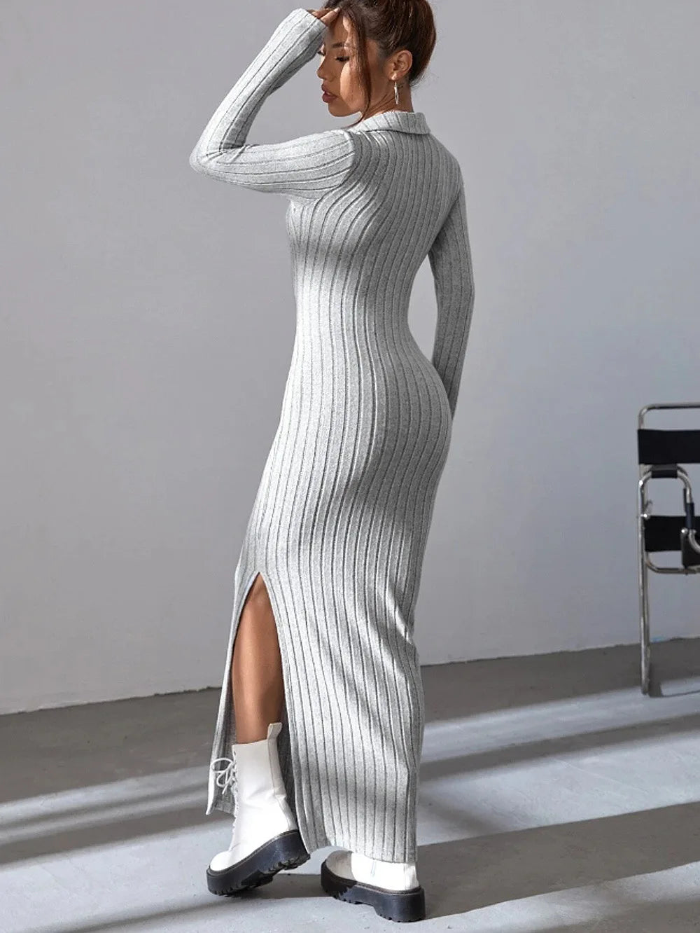 2024 Europe And The United States Autumn And Winter New Knitted Slim-Fit Lapel Long Sleeve Pit Strip Solid Color Tight Dress - Seprincess