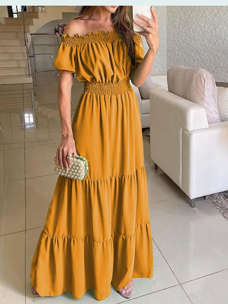 2024 Summer Solid Boho Dress Women Fashion Elegant Beach Party Dress Casual Slash Neck Office Maxi Dresses For Woman Robe Femme - Seprincess