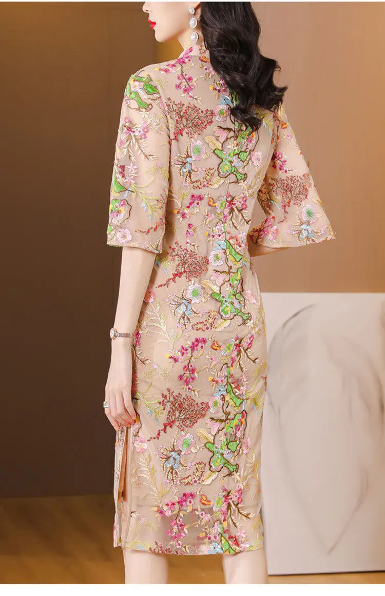 2024 new chinese improved elegant cheongsam woman summer national style gauze retro slimming embroidered half sleeve qipao dress