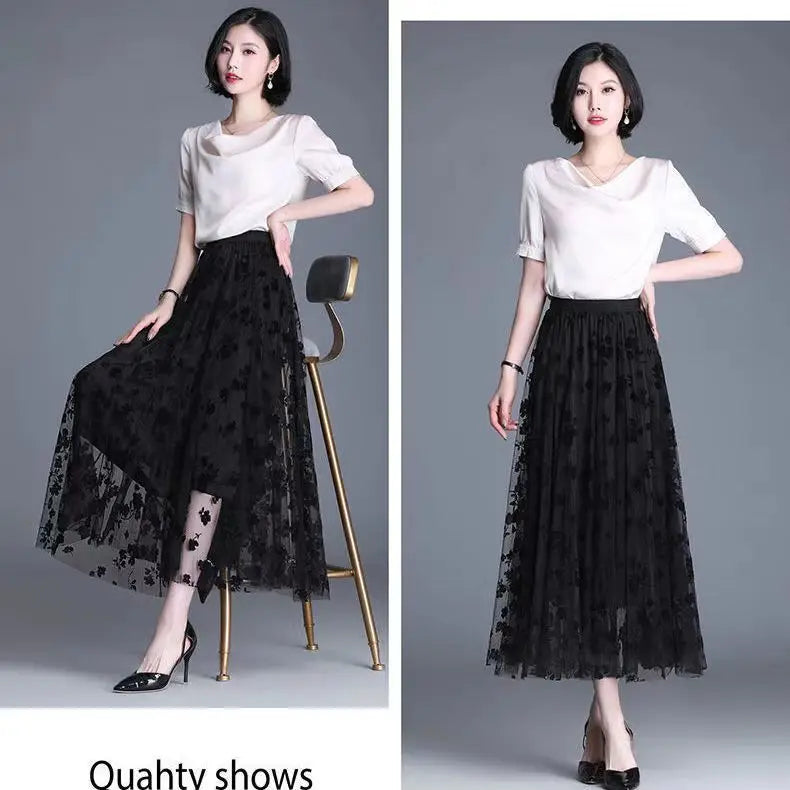 Korean Women Tulle Skirt Fashion Summer Hook Floral Loose Midi Skirt Elegant Female Casual All Match Mesh Skirts New - Seprincess