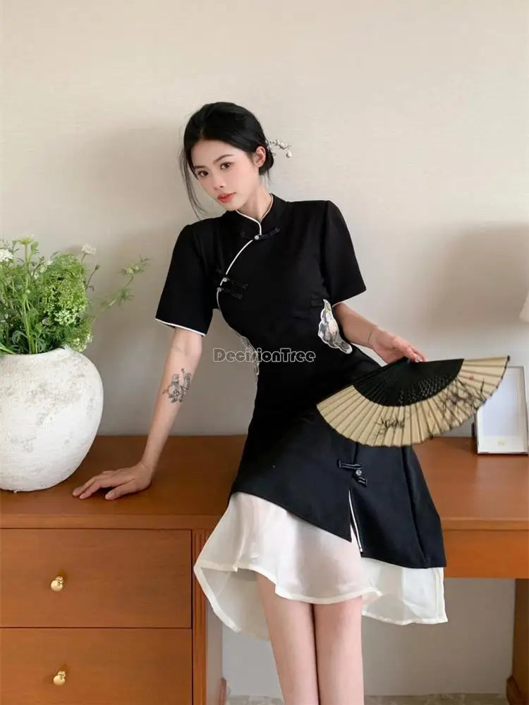 2024 chinese improved hanfu cheongsam dress women a line qipao new fashion style short sleeve casual daily lady cheongsam dress - Seprincess