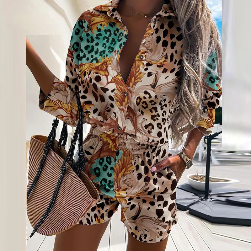 Casual Two Piece Sets Womens Outfits 2023 Spring Leopard Print Button Shirt Top And Shorts 2 Piece Set Summer Beach Shorts Women - Seprincess