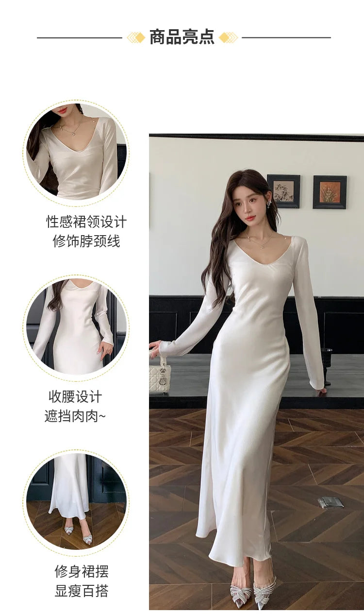 Autumn Solid Satin Long Dresses Women Wedding Evening Party Dress with Camisole Prom Robe V-Neck Long Sleeves Mermaid Vestidos - Seprincess