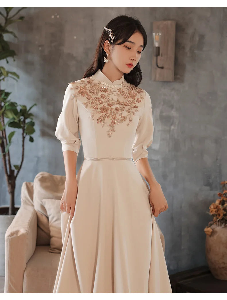 Slim A-line Mandarin Collar Qipao Female Chinese Styles Bridesmaid Dress Appliques Flower Pearl Cheongsam Party Prom Gown - Seprincess