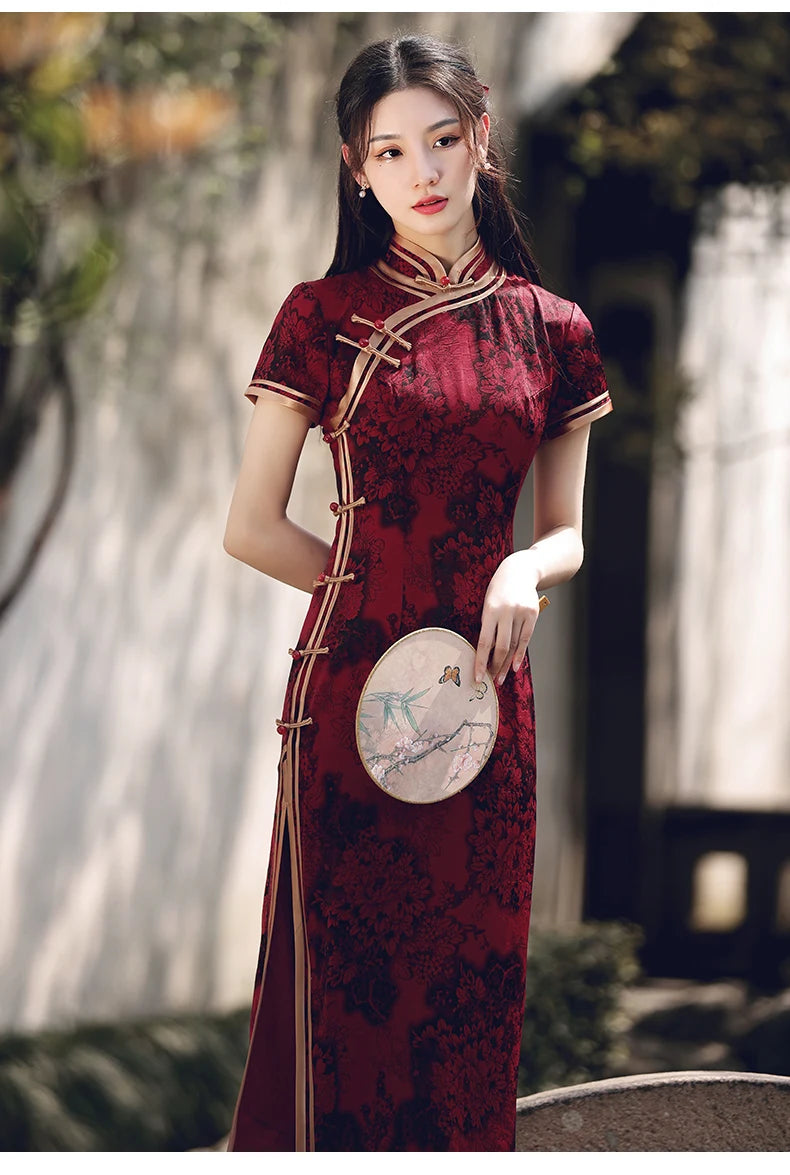 Wine Red Long Short Sleeves Cheongsam 2023 New Improved Young women Summer Silk and Satins Fashion One Piece Chinese Qipao Dress - Seprincess