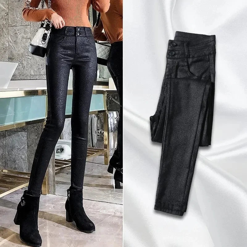 Add Velvet/No Velvet Black Faux PU Leather Pants Women's High Waist Stretch Leggings Autumn Winter Casual Skinny Pencil Trousers