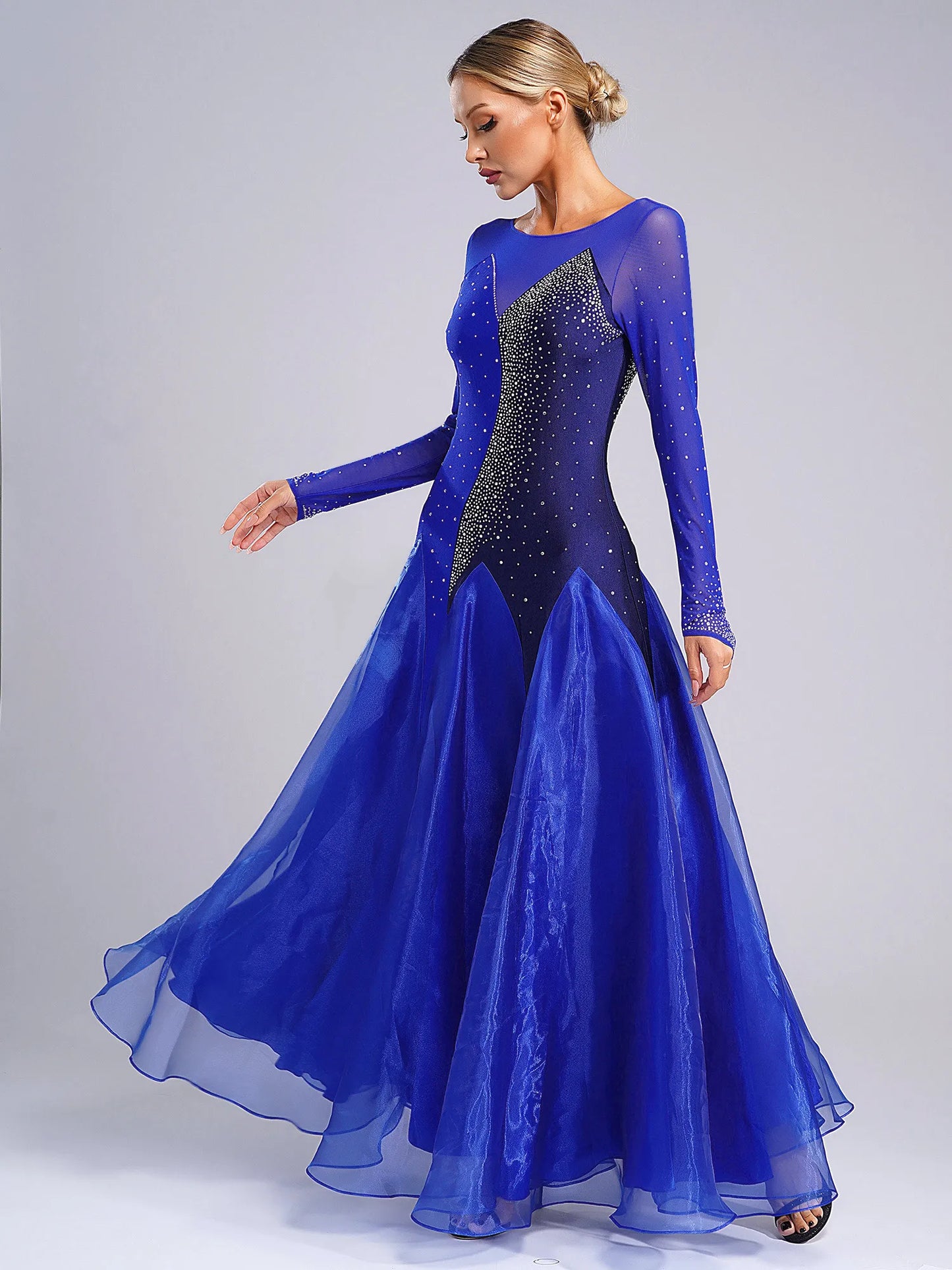 Womens Sheer Mesh Ballroom Dance Dresses Long Sleeve Shiny Rhinestones Dress for Lyrical Waltz Cha-Cha Performance Competition - Seprincess