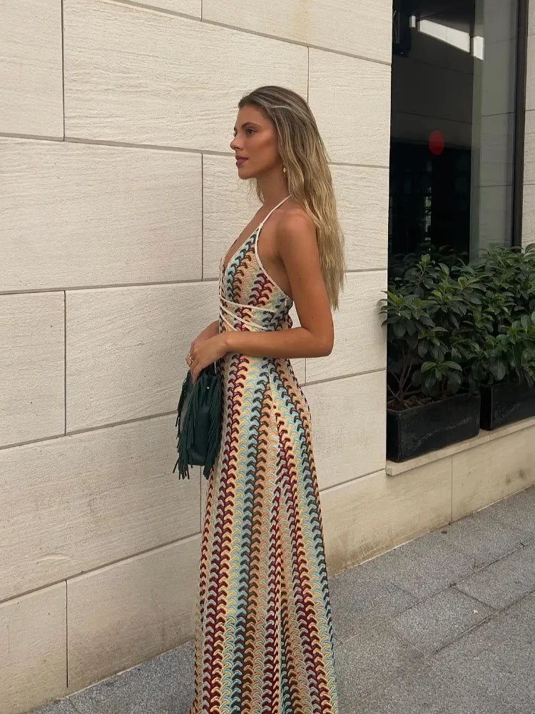 Sexy Contrast Striped Knit Halter Dress Women Fashion Loose Backless Maxi Dresses Summer Chic Female Beach Party Vestidos - Seprincess