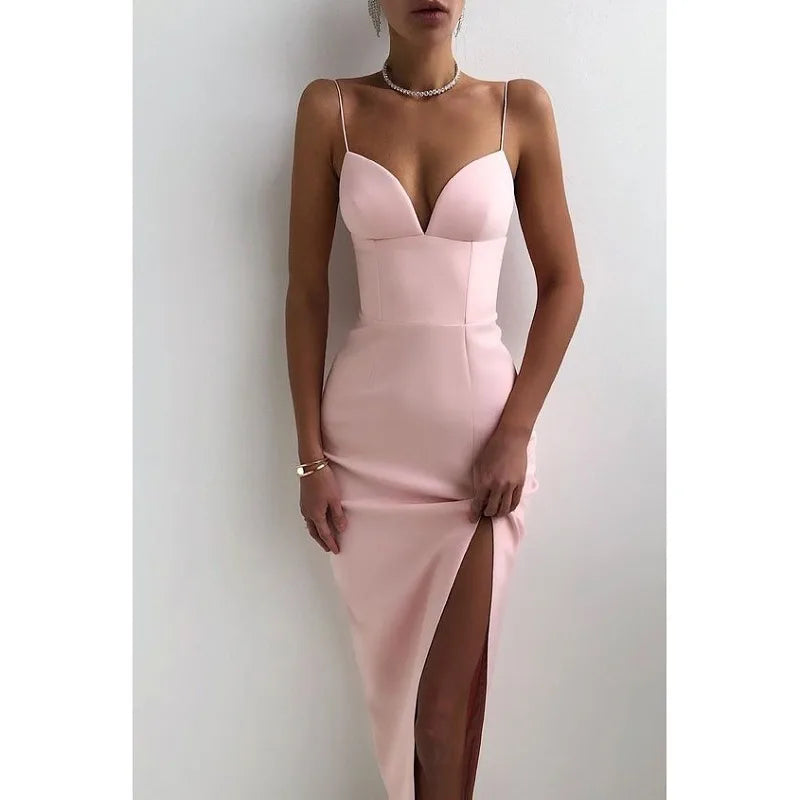 【Clearance】Women Bodycon Bandage Party Dress Sexy V Neck Spaghetti Straps Slit Mid-Calf Cocktail Club Dress TH-9537 - Seprincess