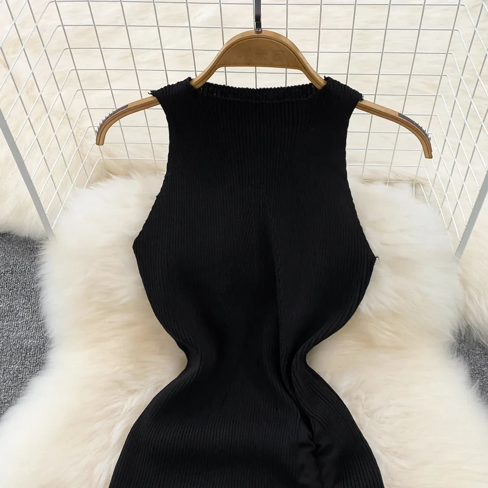 Summer Green Black Knitted Robe Femme Summer O Neck Sleeveless Kink Hollow Out Sexy Slim Bodycon Dress Split Fork Long Vestidos - Seprincess