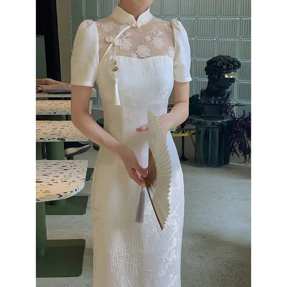 Women Beige Long Cheongsam Lace Transparent Floral Vintage Dress Wedding Costumes Traditional Short Qipao S To XXL - Seprincess