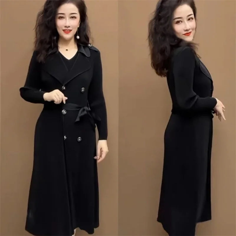 Spring Autumn Fashion Slim Pleated Suit Collar Fake Two Piece Windbreaker Coat Comfortable Waist Shrinking Elastic Dress Belt - Seprincess