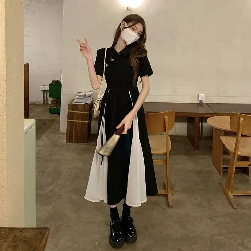 2023 New Chinese Style Dress Balck Qipao Elegant White Black Patchwork Cheongsams Youth Girl Vestidos Long Dresses Qipao - Seprincess