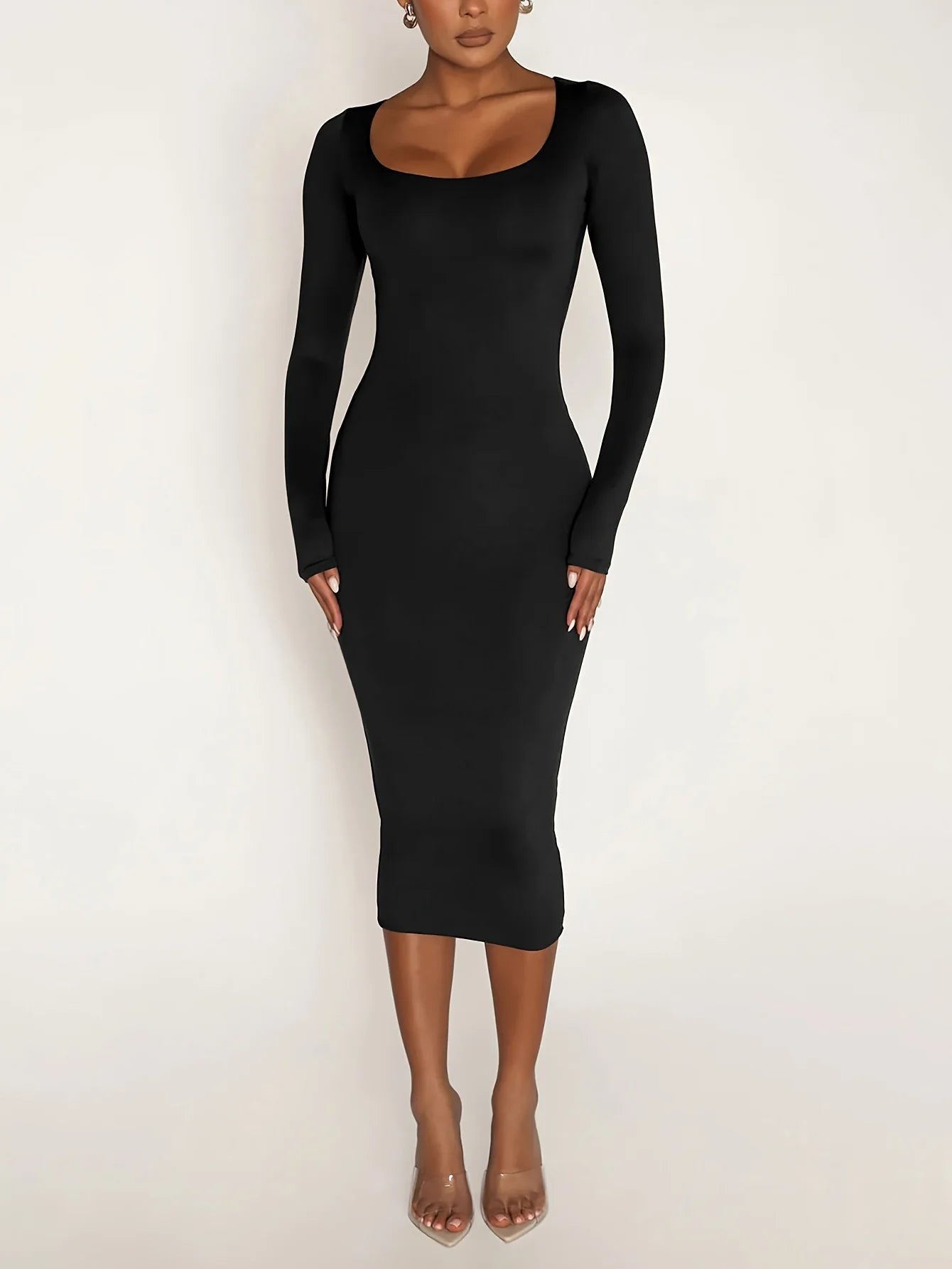 Womens Long Sleeve U-Neck Party Bodycon Midi Jumper Dress Stretch Winter Dresses - Seprincess