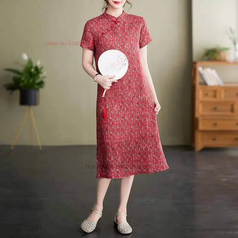 2024 chinese improved cheongsam dress traditional flower print cotton linen dress qipao vintage chinese dress folk style qipao - Seprincess