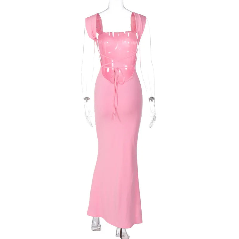 Dulzura Lace Up Backless Pink Long Dress For Women Bodycon Sexy Slim Strap Maxi Dress Party Elegant Birthday Evening Outfits - Seprincess