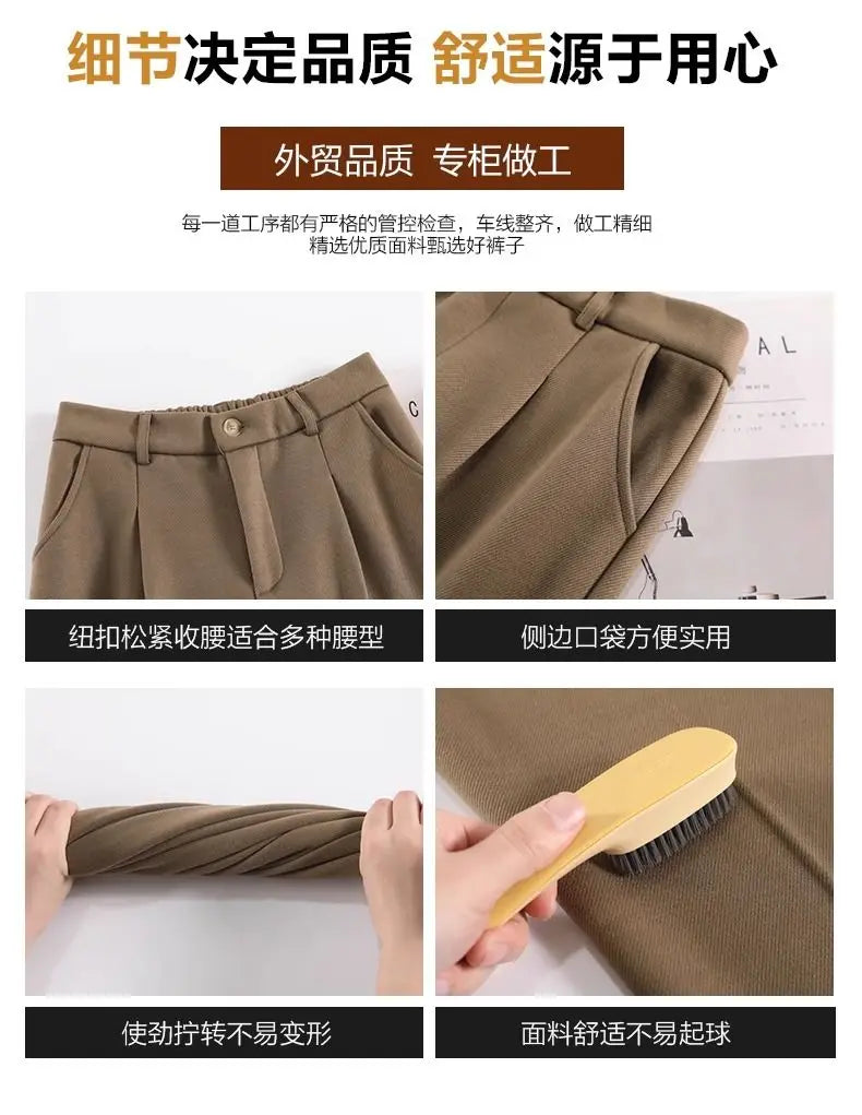 Simplicity Autumn Women Woolen Suit Pants Solid Pockets Button Elastic High Waist Fashion Straight Thicken Ankle Length Trousers