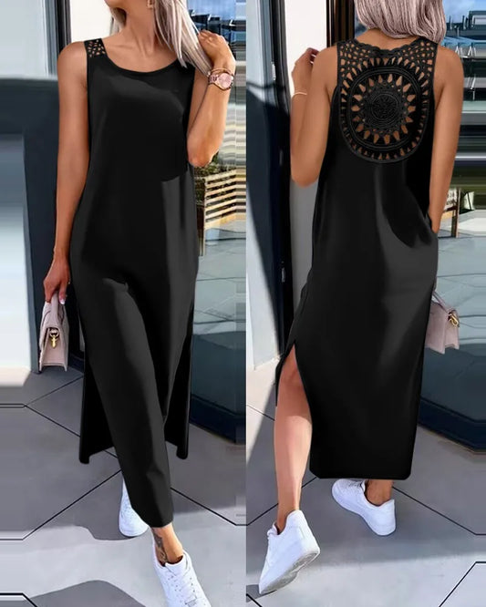 Hollow Out Solid Long Dress Women Fashion Sleeveless O-neck Maxi Dresses For Women 2024 Summer Women's Slim Split Vestidos Black - Seprincess