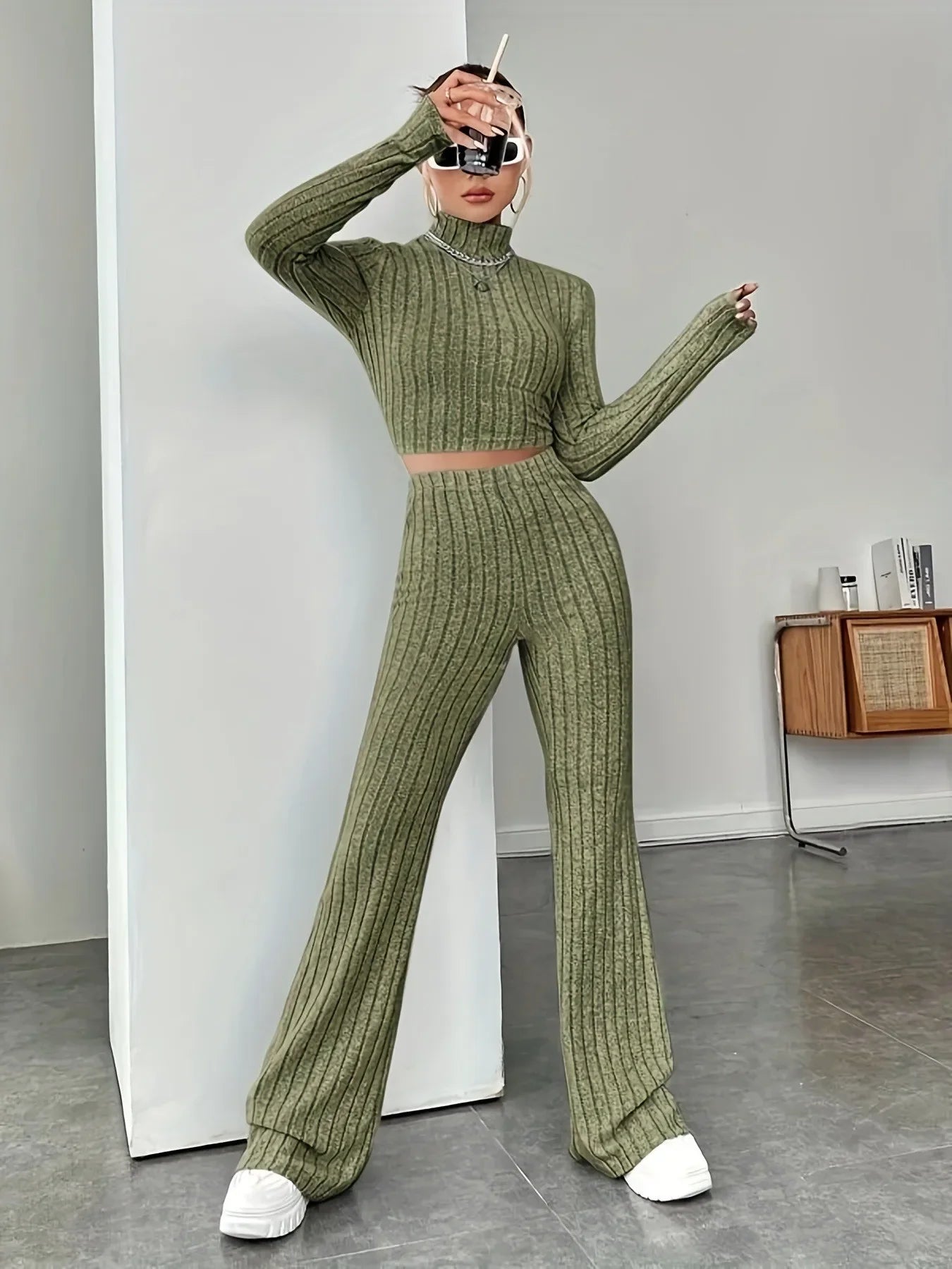 Elegant Women's Sets 2024 Autumn Hight Waist Casual Knit Pants Sets Korean Fashion Turtleneck Pullover 2 Piece Sets Women Outfit - Seprincess