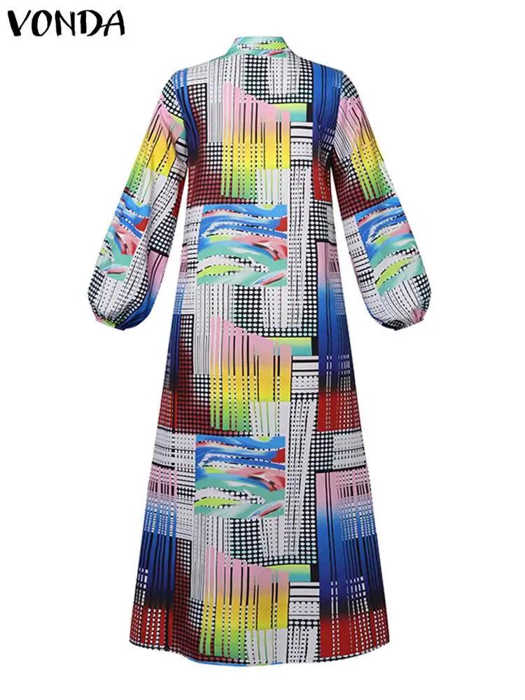 VONDA Plus Size Bohemian Printed Dress 2024 Autumn Women Elegant Long Sleeve Vintage Maxi Sundress Casual Buttons Loose Robe 5XL - Seprincess