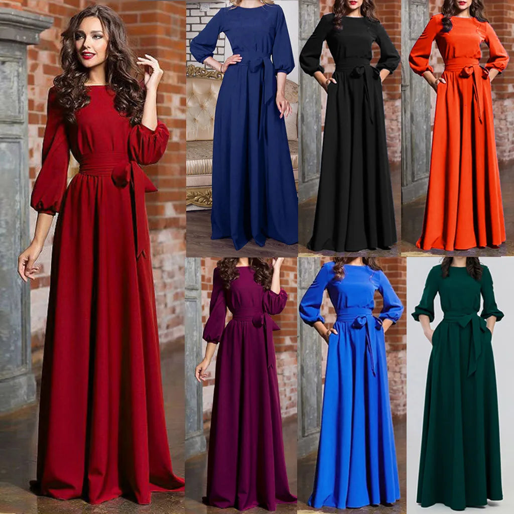 2024 New Vintage Bandage Maxi Dress Women Lantern Sleeve Long Party Dresses Autumn Elegant Luxury Guest Wedding Evening Vestidos - Seprincess