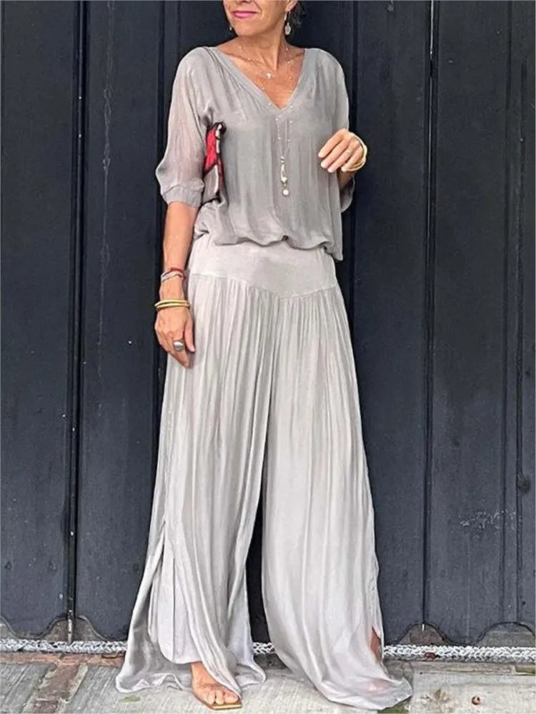 Women's Sexy V-neck Short Sleeved Top And Wide Leg Pants Sets Summer Chiffon Casual Outfits Casual Loose Street Two Piece Sets - Seprincess