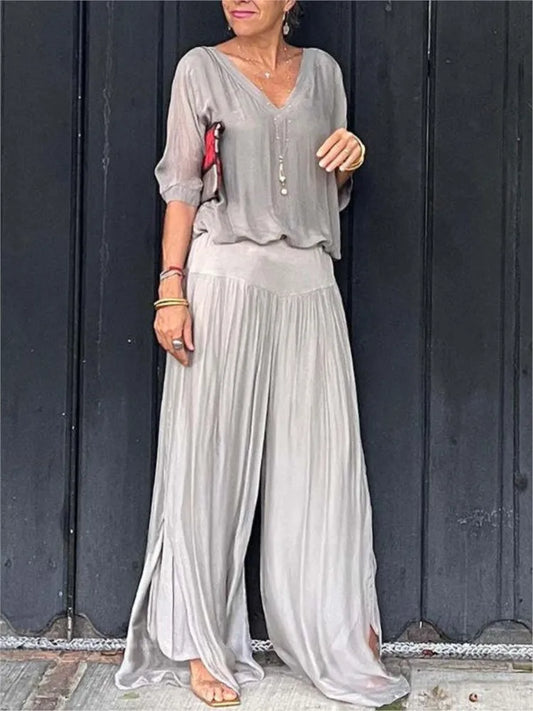 Women's Sexy V-neck Short Sleeved Top And Wide Leg Pants Sets Summer Chiffon Casual Outfits Casual Loose Street Two Piece Sets - Seprincess