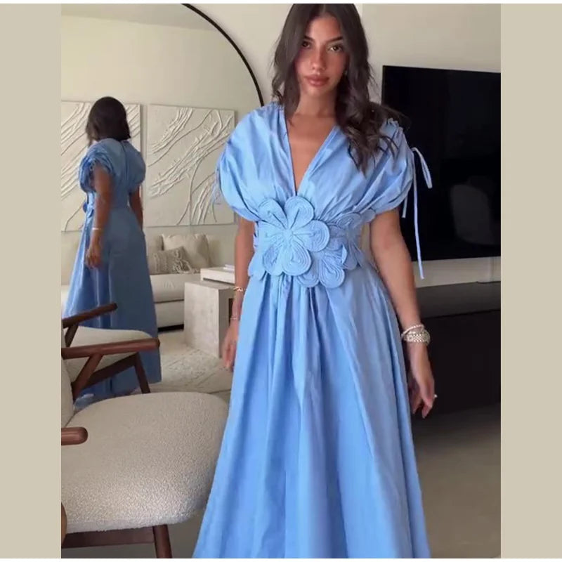 Summer Elegant Pleated Bow V Neck Blue Long Dresses For Women 2024 New Off Shoulder Sleeveless Maxi Dress Ladies Vacation Robe - Seprincess