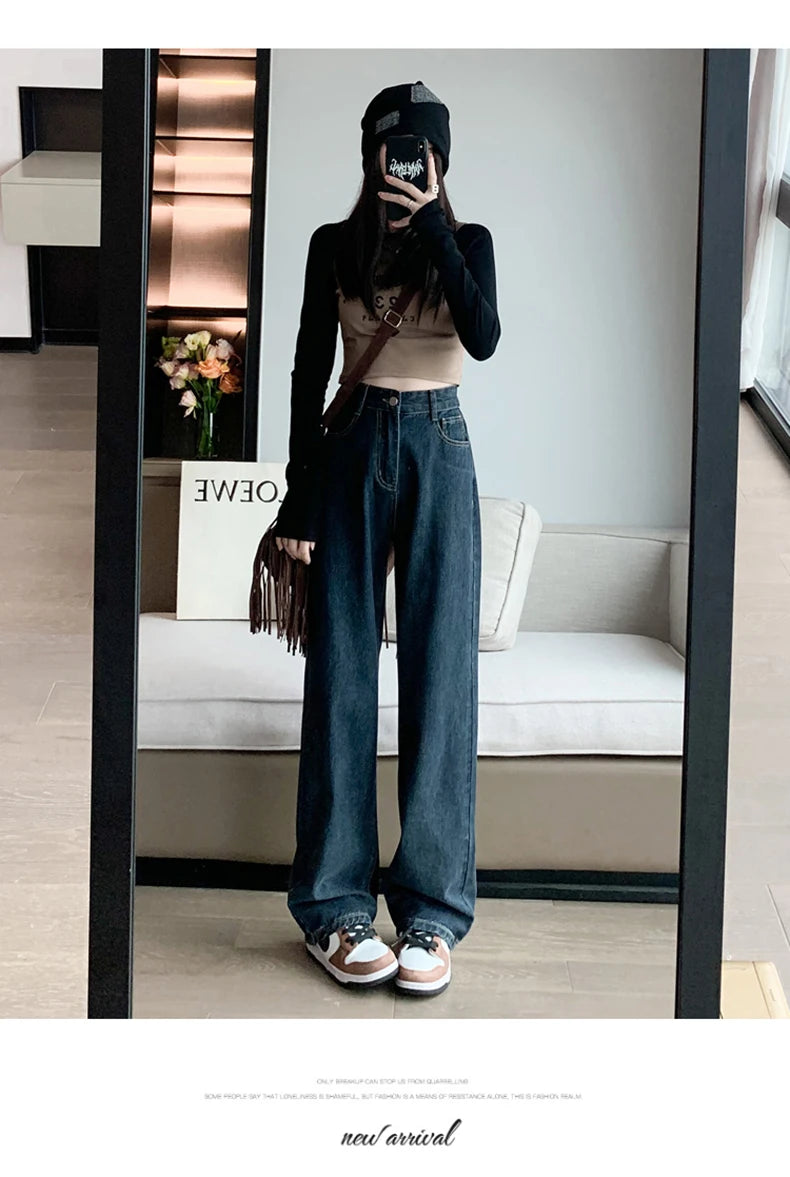 Jielur Dark Blue Straight Basic Female Jeans High Waist Slim Loose Solid Color Simple Women's Wide Leg Pants Chic Office Ladies