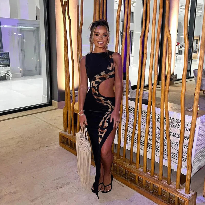 European and American 2024 summer new round neck sleeveless snake print navel-exposed hollow slit long dress - Seprincess