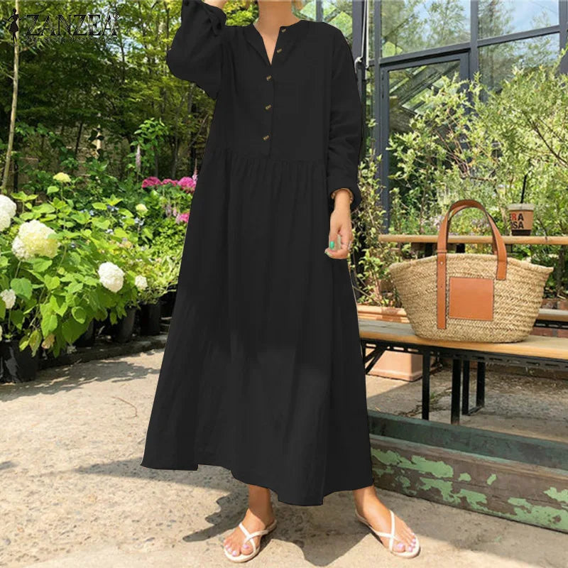 Women's Elegant Solid Cotton Robe Femme 2022 Spring Autumn Bohemian Maxi Dress ZANZEA Casual Long Sleeve Shirt Dresses Oversized - Seprincess