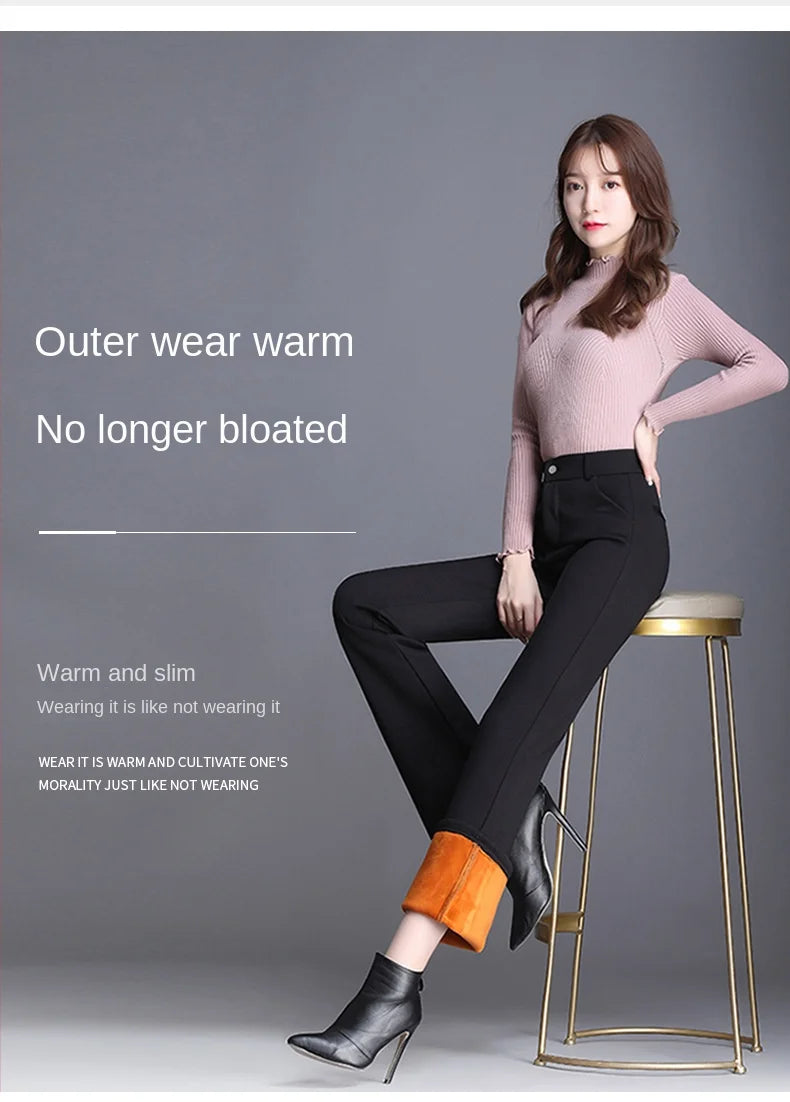 Women Plus Size High Waist Winter Autumn Fleece Velvet Plush Suit Pants Thicken Warm Office Flare Trousers Hot Lining 9XL 6XL